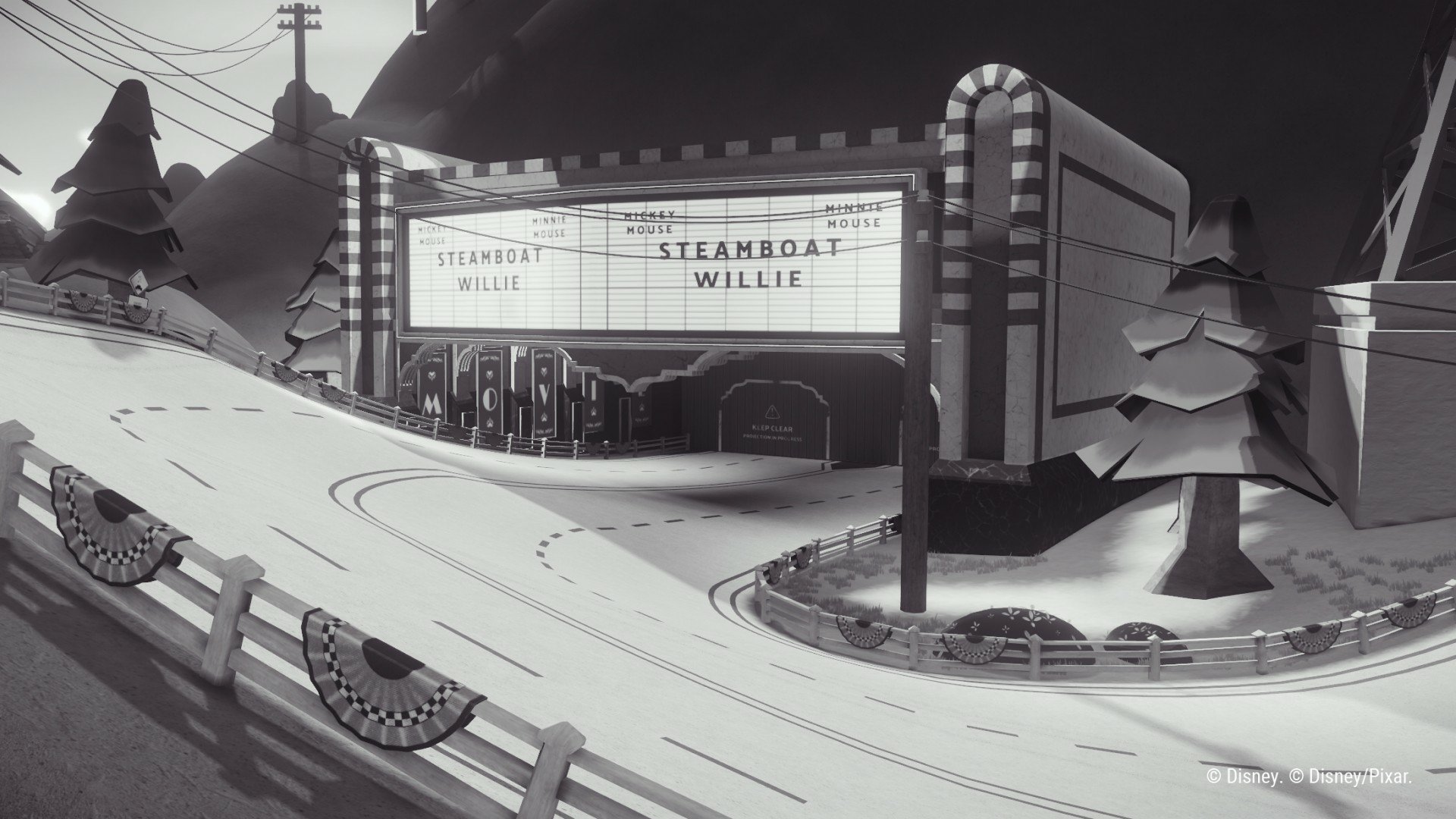 HD desktop wallpaper and background from the video game Disney Speedstorm, featuring a black-and-white scene of a winding road and drive-in theater showing Steamboat Willie.