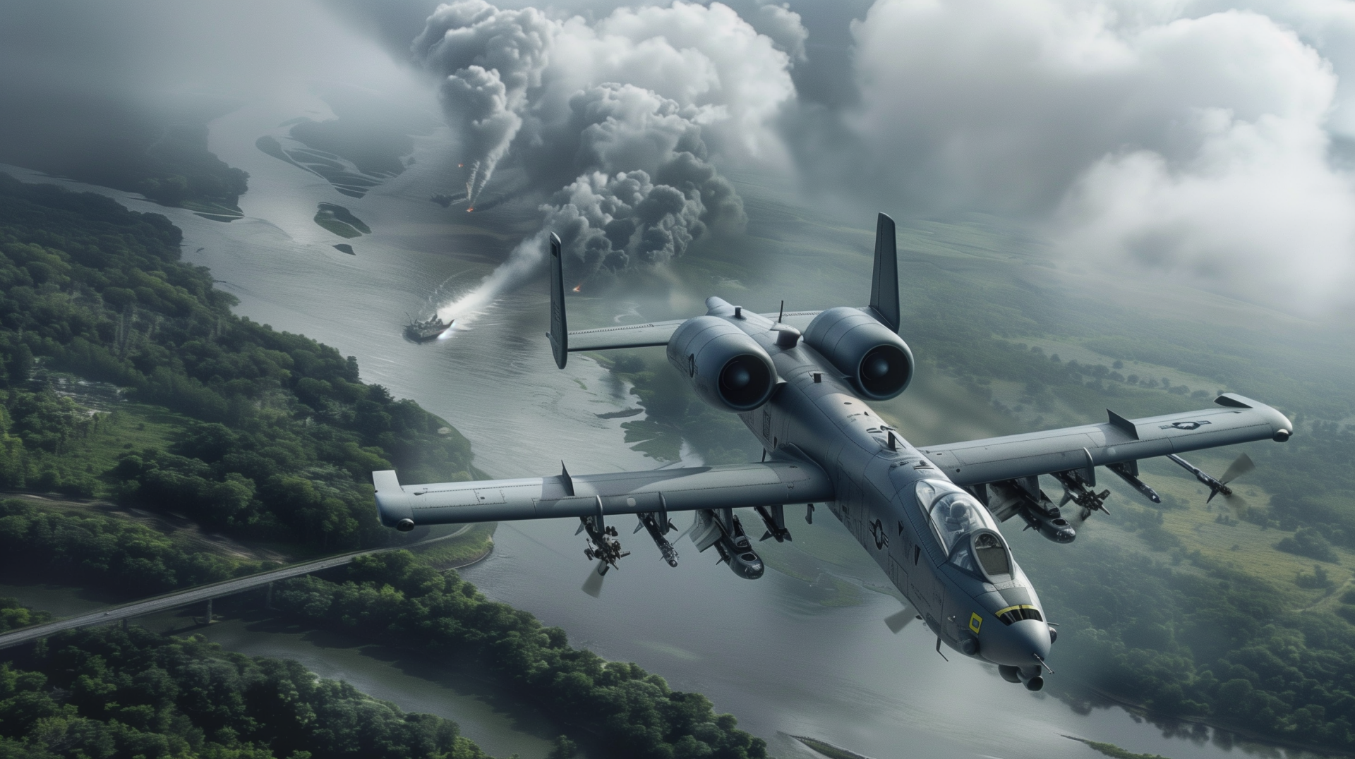 A-10C attack jet roaring over a river valley with ships and storm clouds — intense war scene rendered as a 2K Quad HD PC desktop wallpaper/background.