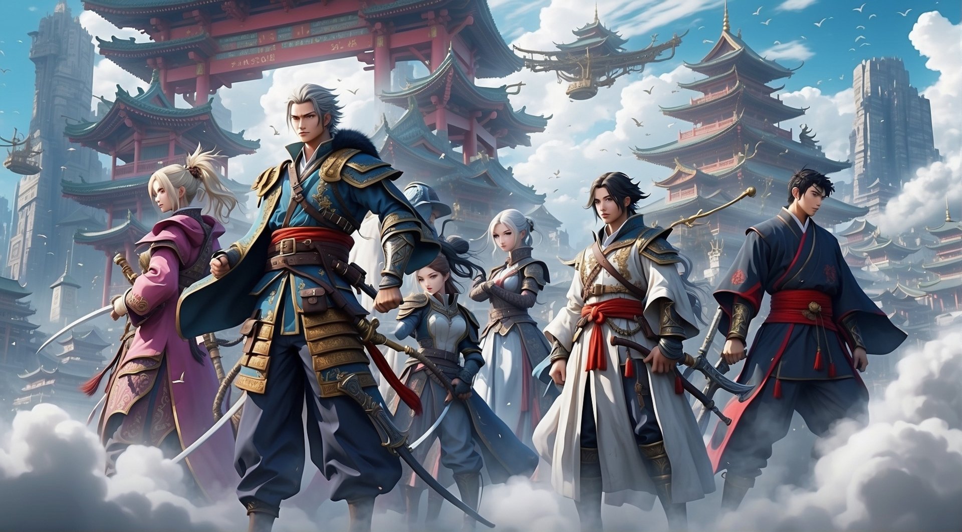 HD anime art wallpaper featuring six anime boys in traditional samurai attire, set against a cloudy backdrop with intricate Japanese pagodas in the distance.