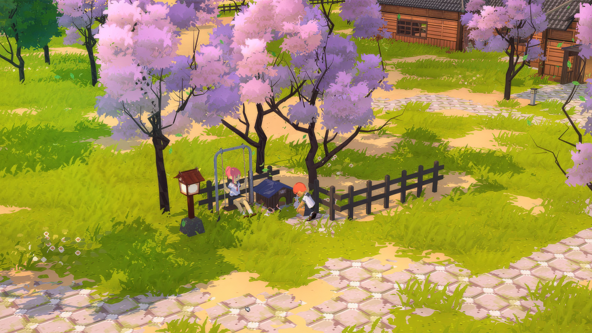 HD desktop wallpaper of Let's School video game, featuring two characters sitting under cherry blossom trees in a serene park with cobblestone paths and wooden buildings in the background.