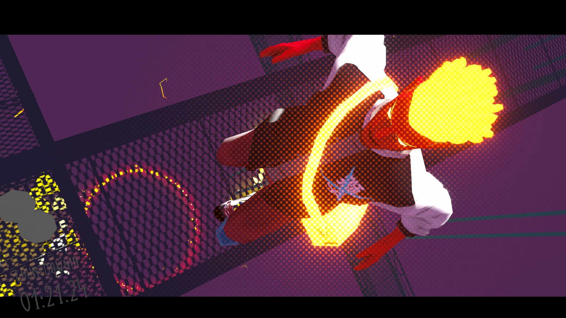 HD desktop wallpaper of Aerial_Knight's Never Yield video game, featuring a brightly-lit character in dynamic motion against a dark, futuristic background.