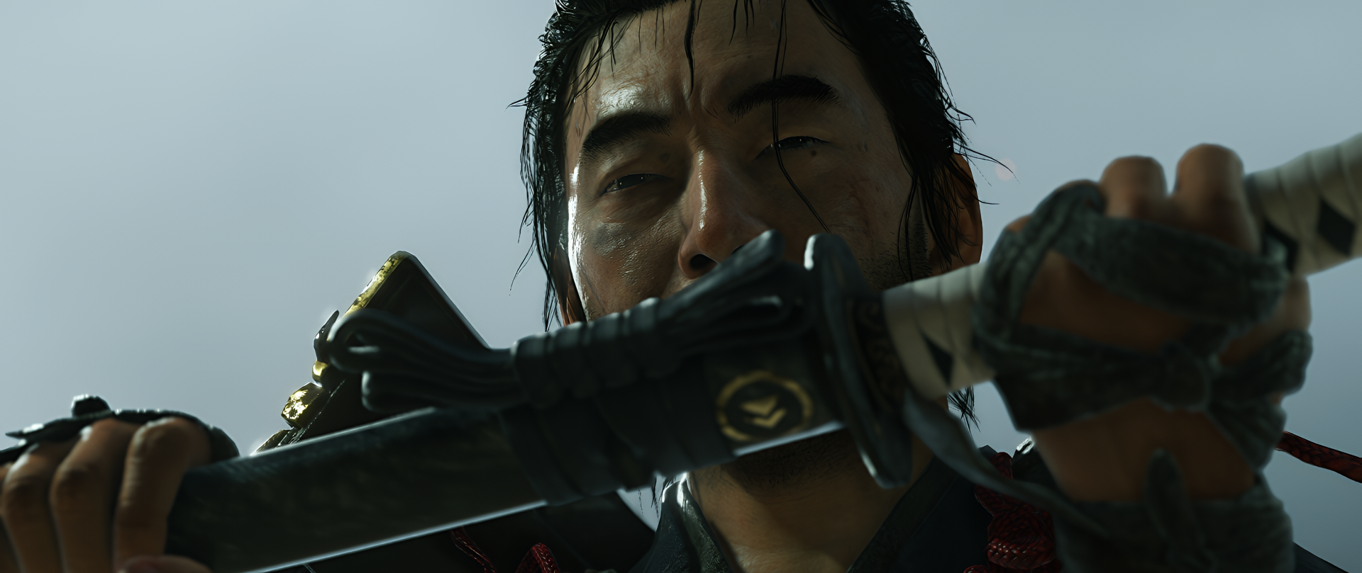 HD PC desktop wallpaper from Ghost of Tsushima featuring a close-up of a character holding a katana with water droplets on his face.