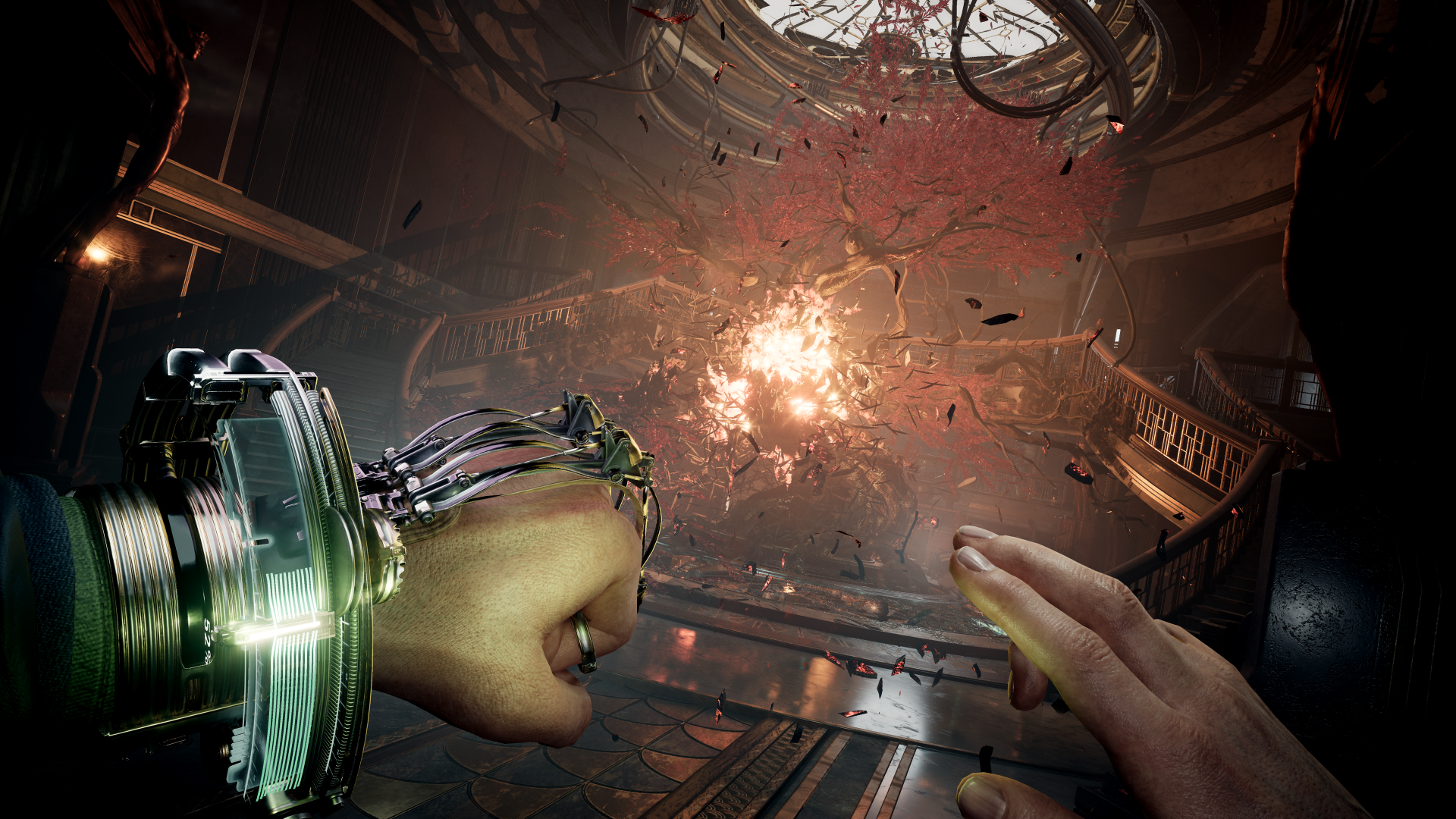 HD desktop wallpaper of the video game Nobody Wants to Die, featuring a futuristic fist and hand in the foreground, with an explosion occurring in an ornate room with a twisted tree.