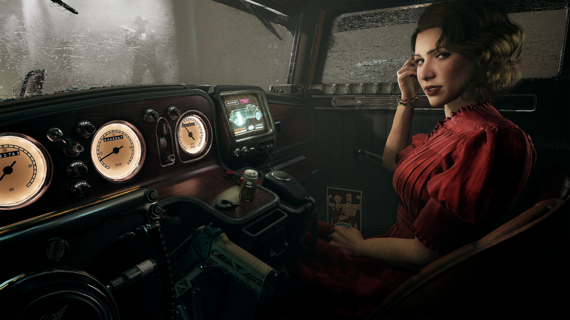 HD desktop wallpaper and background from the video game Nobody Wants to Die, depicting a woman in a red dress sitting in a vintage car's cockpit, holding a photo, with a foggy background outside.