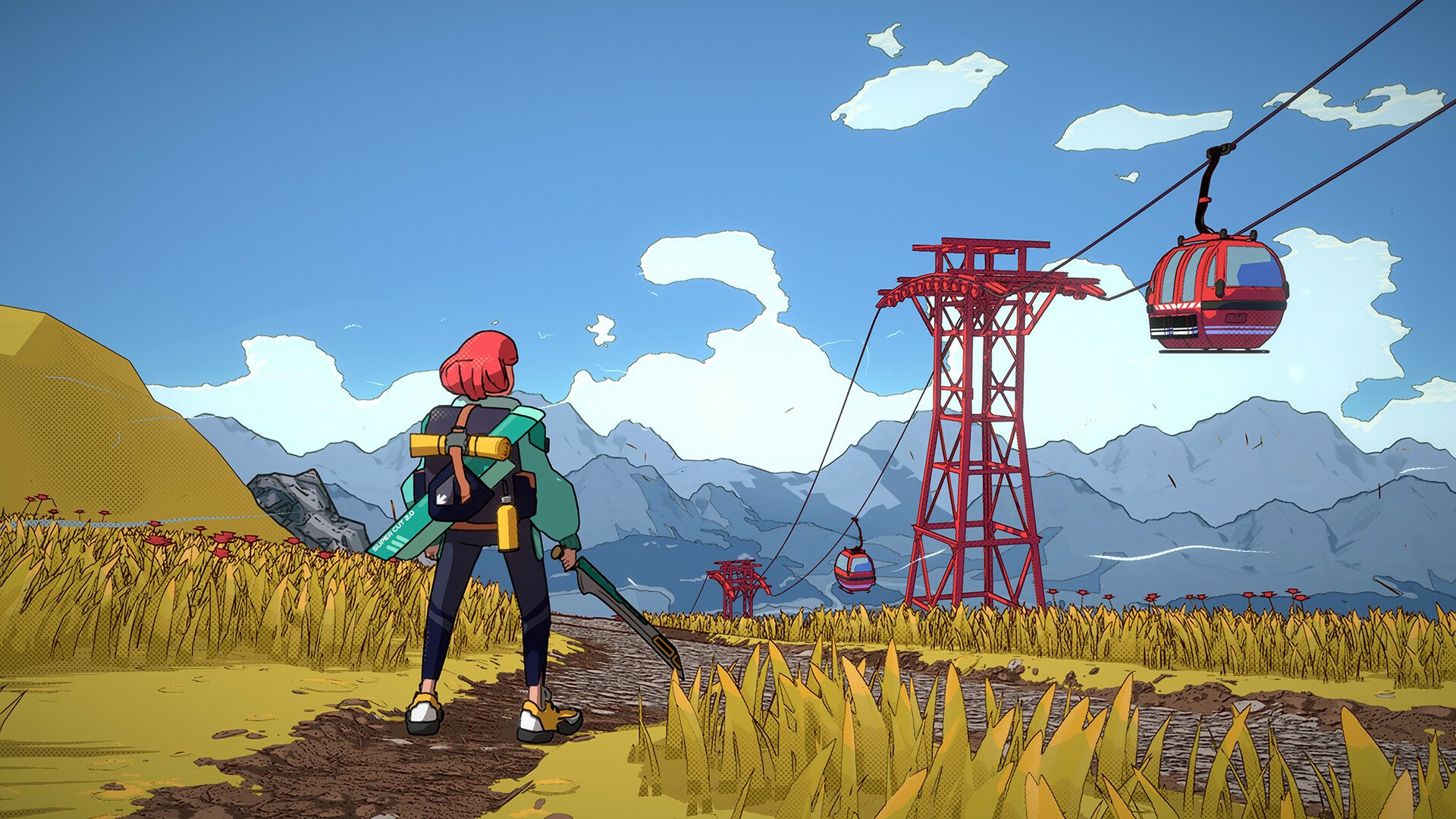 An HD desktop wallpaper featuring a scene from the video game Dungeons of Hinterberg, showcasing a character with red hair standing in a field, with mountains and a cable car in the background.