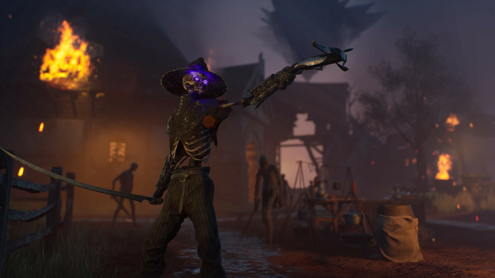 HD desktop wallpaper featuring a dramatic scene from the video game Flintlock: The Siege of Dawn, showcasing a skeletal warrior standing amidst burning buildings and a dark, intense atmosphere.