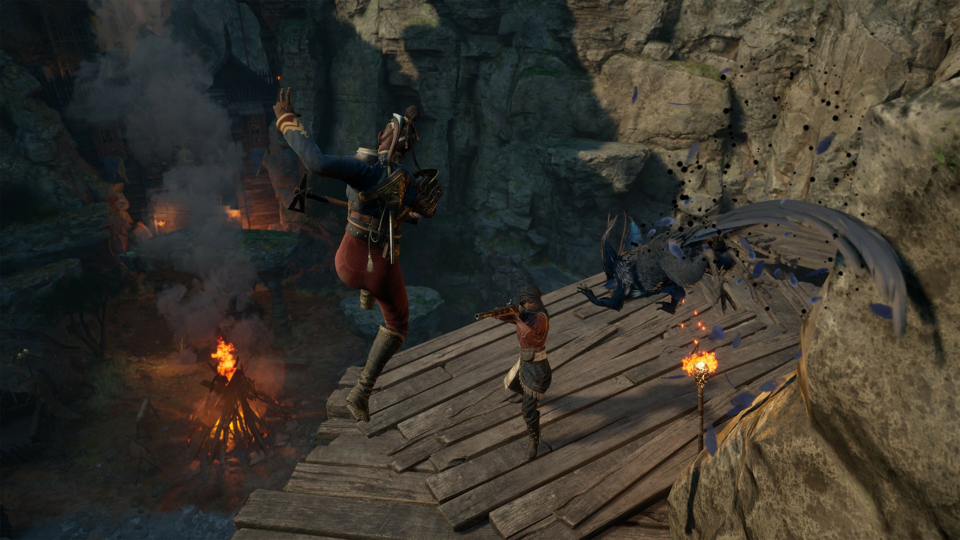 HD wallpaper of Flintlock: The Siege of Dawn, showing an intense battle scene on a cliff with a warrior leaping into action amidst flames and rocky terrain.