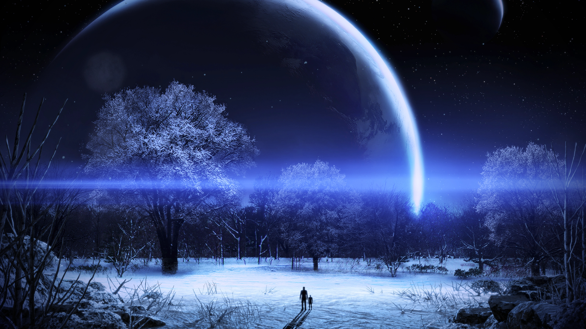 HD wallpaper featuring a Mass Effect 3 scene on a moon, showcasing a snowy landscape with two characters, trees, and a large planet in the background under a starry night sky.