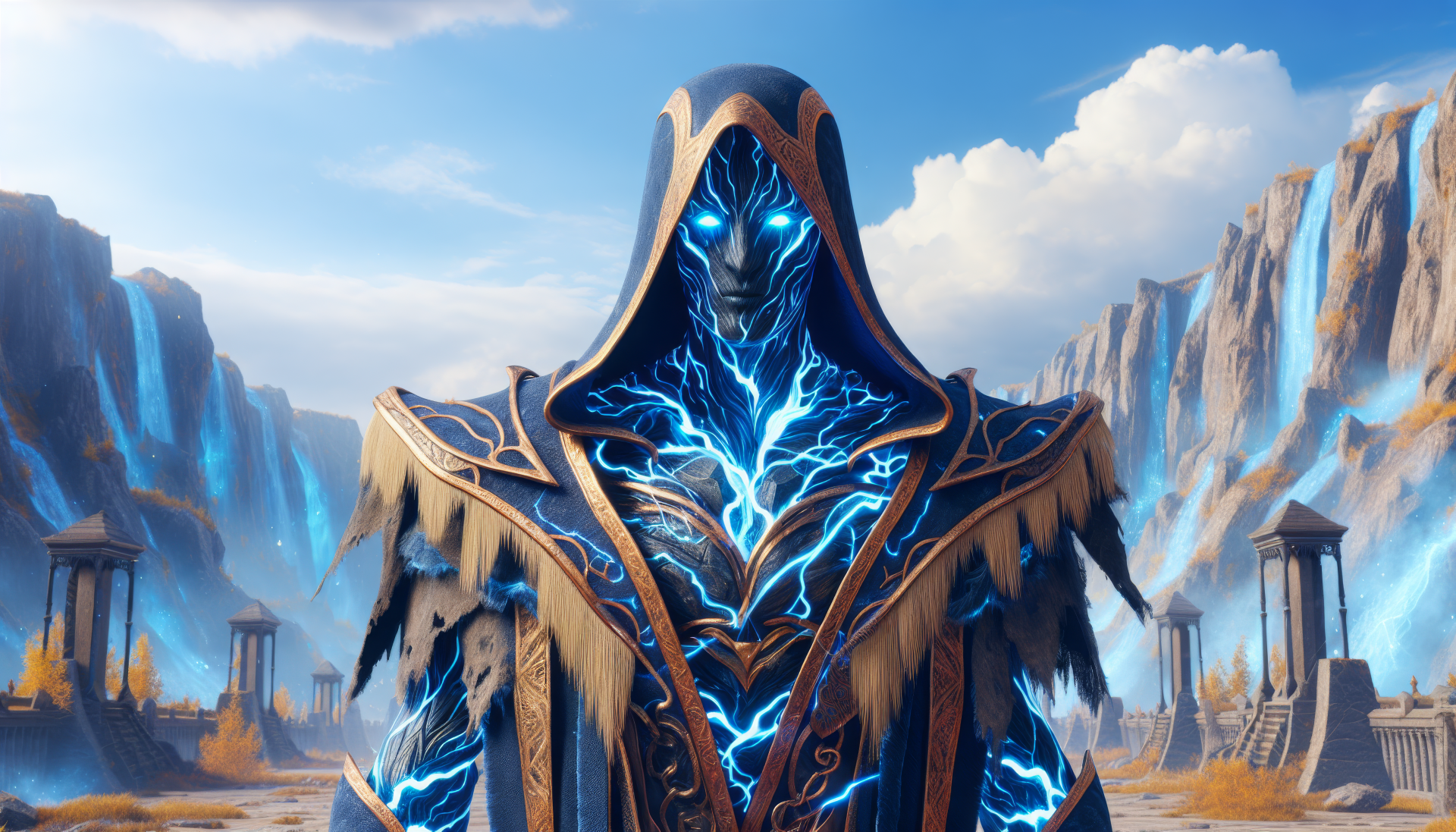 HD desktop wallpaper featuring a mystical figure with glowing blue eyes and lightning patterns, set against a breathtaking mountainous background with ancient pillars.