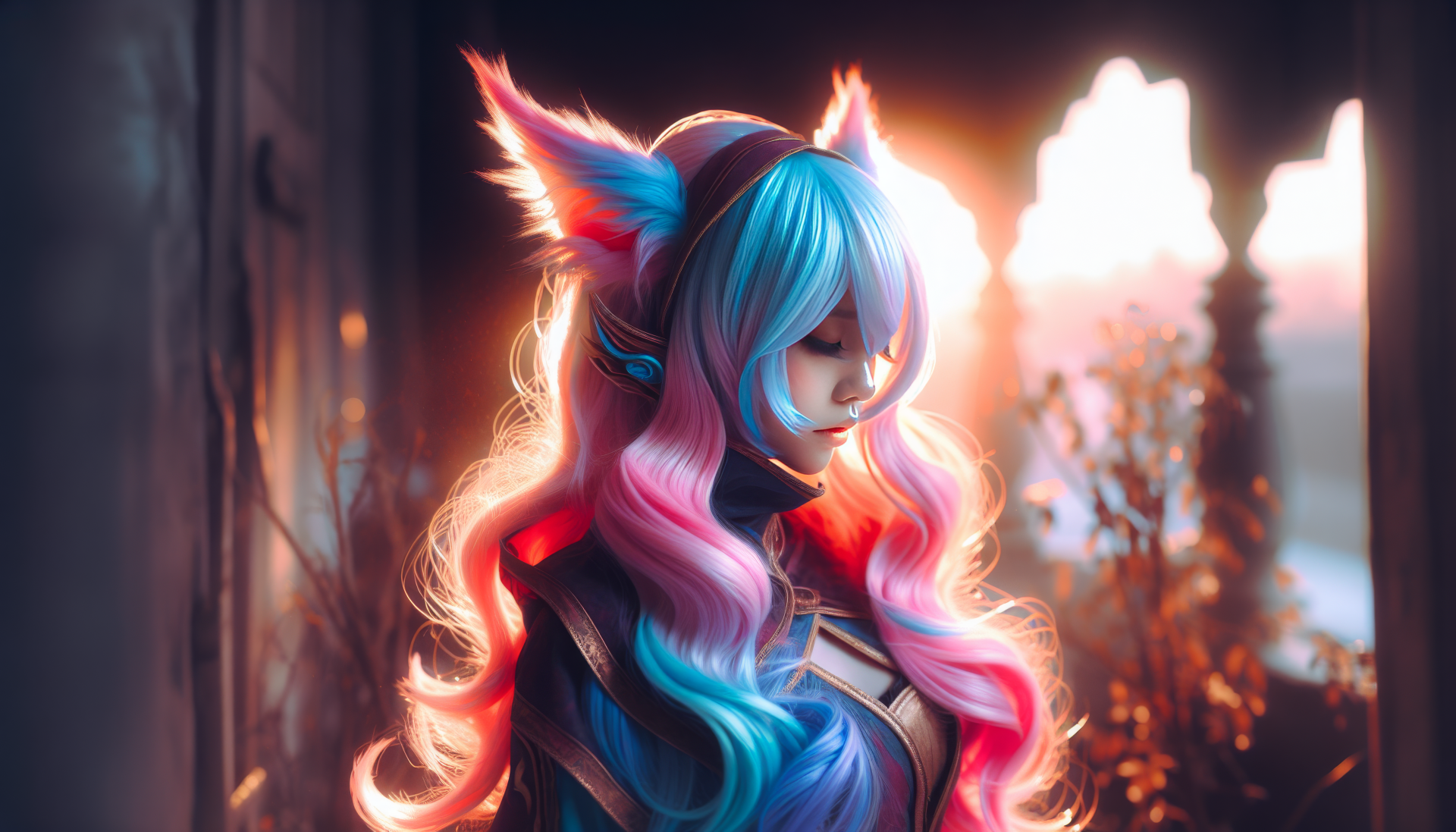 A high-definition desktop wallpaper featuring a character with vibrant blue and pink hair, adorned with fox-like ears, set against a warm sunset background.