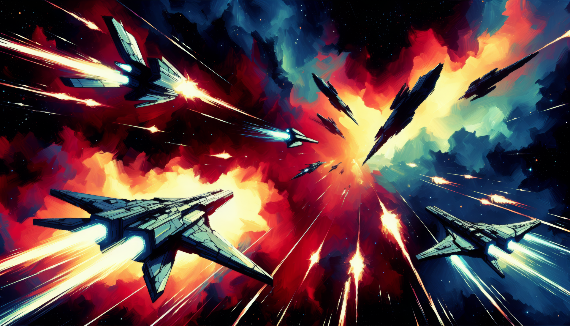 HD desktop wallpaper depicting an intense spaceship battle in space, with vivid explosions and dynamic spacecrafts in action.
