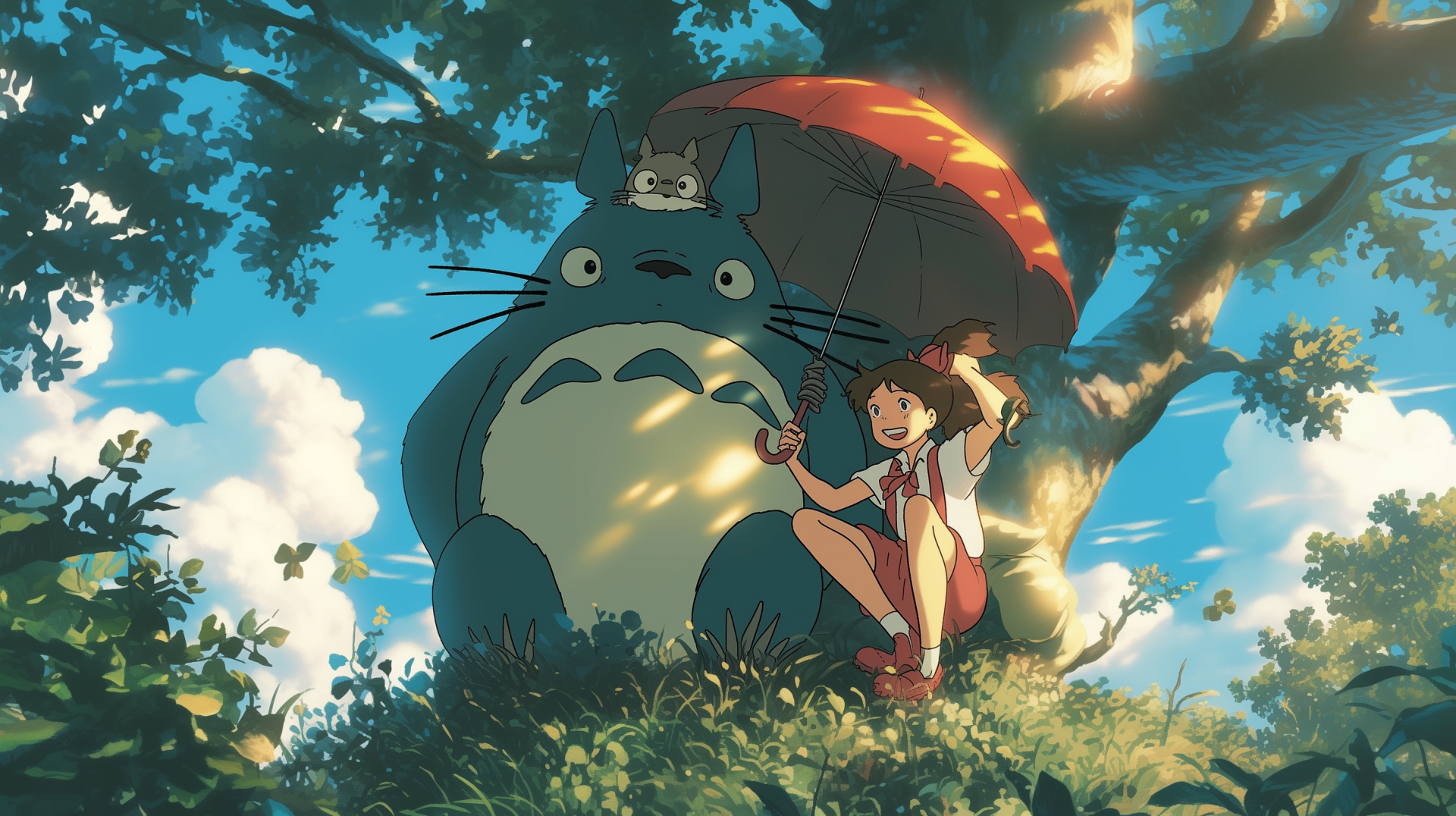 HD wallpaper featuring Totoro from Studio Ghibli's My Neighbor Totoro. The character stands beside a young girl holding a red umbrella, set against a lush, sunny backdrop.