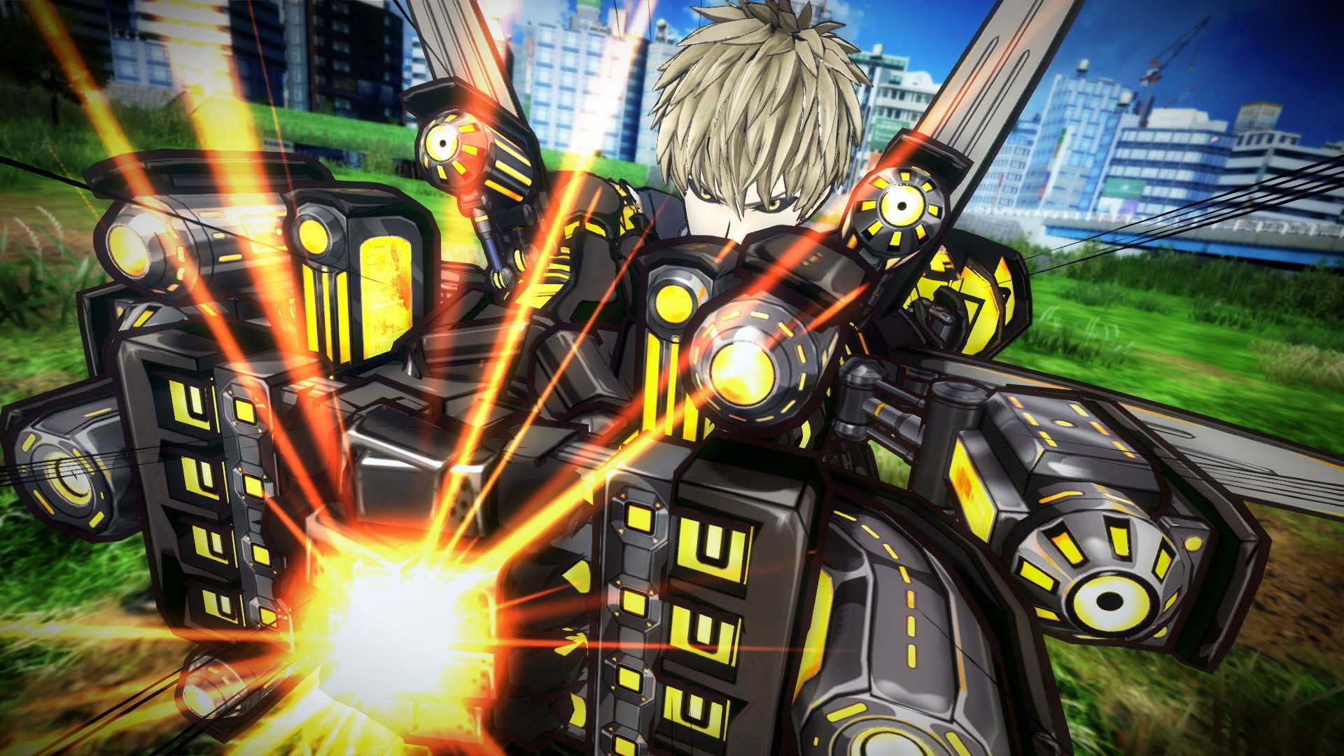 HD desktop wallpaper showcasing Genos from One-Punch Man: A Hero Nobody Knows, equipped with advanced weaponry, set against a vibrant cityscape backdrop.