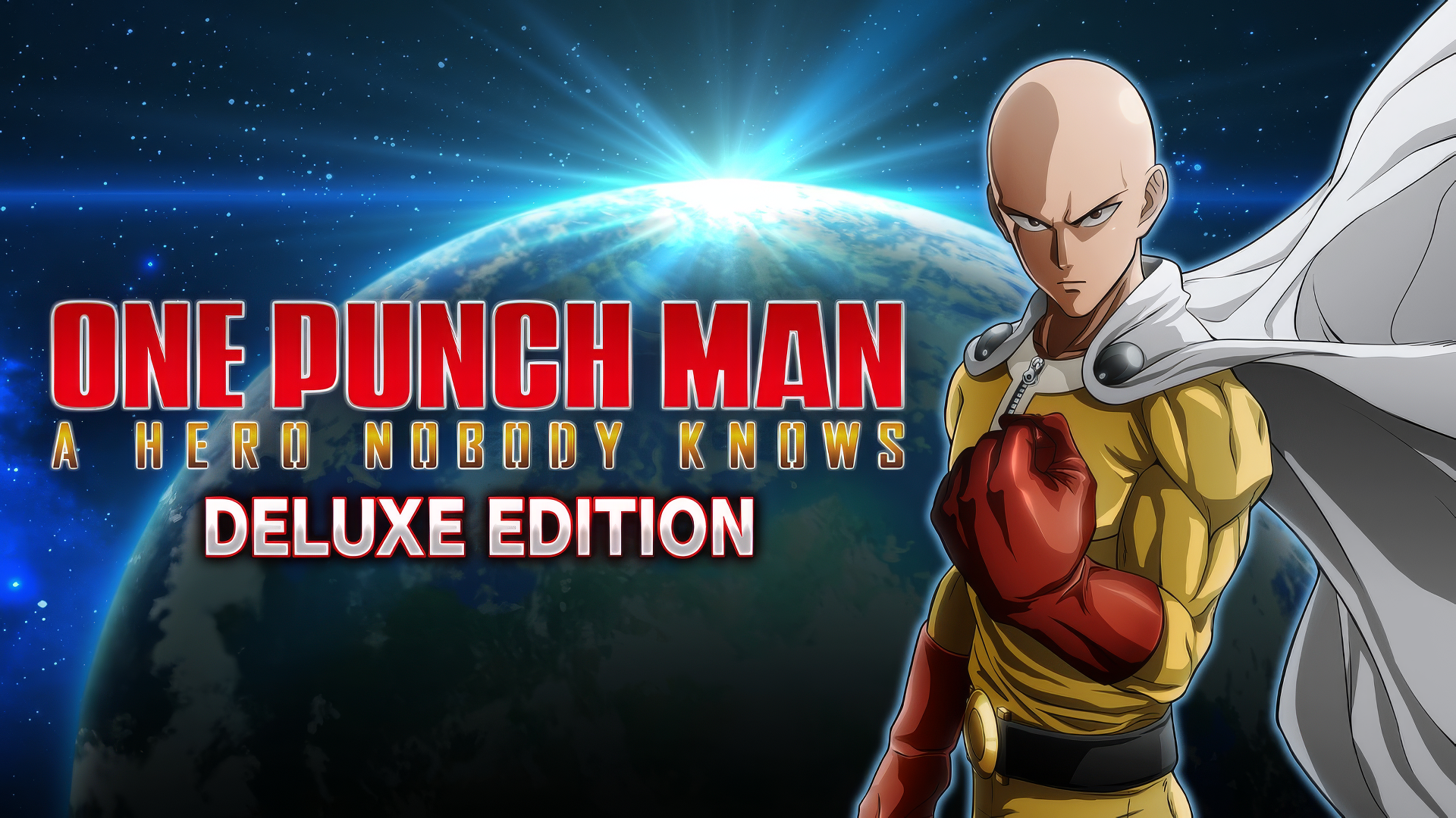 HD desktop wallpaper and background featuring Saitama from the video game One Punch Man: A Hero Nobody Knows Deluxe Edition, with the Earth and a radiant burst of light in the backdrop.