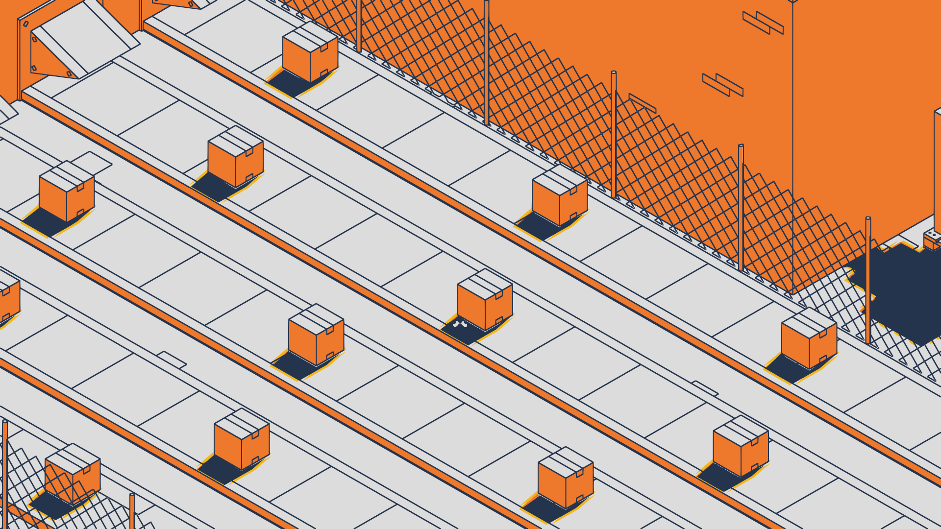 HD desktop wallpaper featuring a minimalist isometric illustration from the video game SCHiM, showcasing an orange and white urban environment with geometric patterns and shadows.