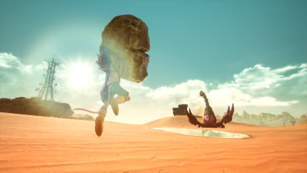 HD desktop wallpaper of a scene from a video game titled 'Sand Land,' featuring a character running through a desert with red sand under a bright blue sky, creating a dramatic and adventurous ambiance.