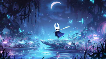 HD desktop wallpaper from the video game Hollow Knight, featuring the protagonist in a mystical, glowing forest under a crescent moon.