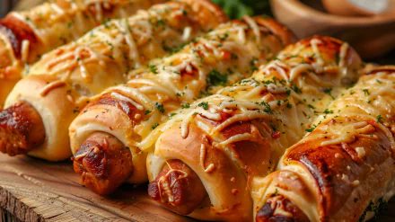 HD wallpaper featuring a close-up of freshly baked pigs in a blanket topped with cheese and herbs on a wooden board.