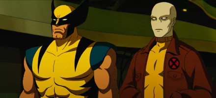 HD desktop wallpaper from the TV show X-Men '97 featuring Wolverine in his classic costume standing next to a bald man in a brown jacket with an X-Men logo.
