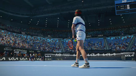 HD desktop wallpaper from the video game TopSpin 2K25, featuring a tennis player on the court, viewed from behind, in a crowded stadium.