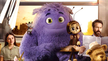 HD desktop wallpaper from the movie IF (2024) featuring Cailey Fleming, Ryan Reynolds, and a colorful cast of animated characters.