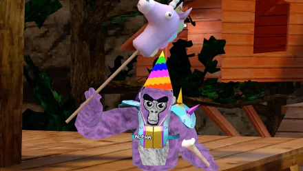 HD desktop wallpaper featuring a whimsical scene from the video game Gorilla Tag, depicting a purple gorilla wearing a party hat, holding a stick with a unicorn plush.
