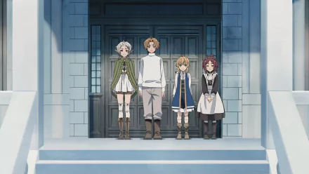 Anime 4K Ultra HD wallpaper featuring Sylphiette, Rudeus Greyrat, and Norn Greyrat from Mushoku Tensei: Jobless Reincarnation standing on stone steps.