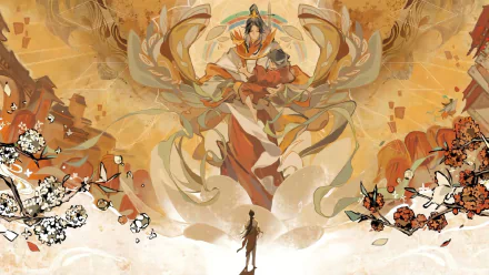 A stunning 4K Ultra HD wallpaper of Hua Cheng and Xie Lian from Tian Guan Ci Fu (Heaven Official's Blessing) in vibrant, ethereal surroundings.