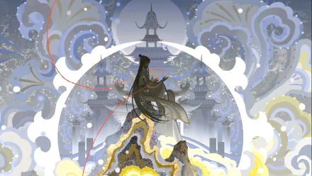 4K Ultra HD desktop wallpaper of Xie Lian from Heaven Official's Blessing (Tian Guan Ci Fu), featuring an ethereal, celestial scene with intricate clouds and traditional pagodas.