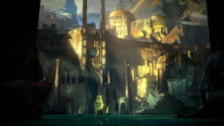 HD desktop wallpaper from the video game No Rest for the Wicked, featuring a mystical underwater city with illuminated buildings and a grand dome.