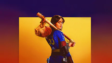 HD desktop wallpaper from the TV show Fallout featuring Ella Purnell in a vibrant duel-tone background, dressed in character with a duffel bag slung over her shoulder.