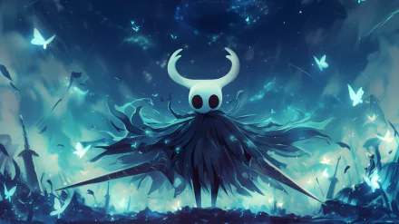 HD desktop wallpaper of Hollow Knight standing in a mystical blue landscape, surrounded by glowing butterflies.