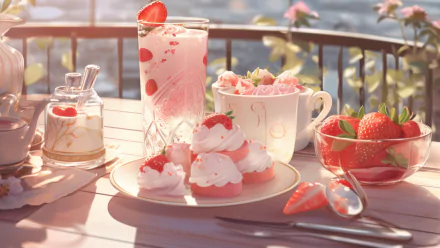 Aesthetic HD PC wallpaper featuring a pink-themed strawberry cake, fresh strawberries, and a delicate drink set on a sunlit table.