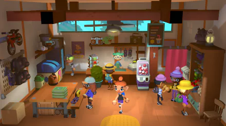 HD desktop wallpaper from the video game Surmount featuring animated characters in a vibrant, busy kitchen setting.