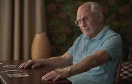 HD wallpaper from The Tattooist of Auschwitz TV show featuring an elderly man sitting at a table, looking contemplative.