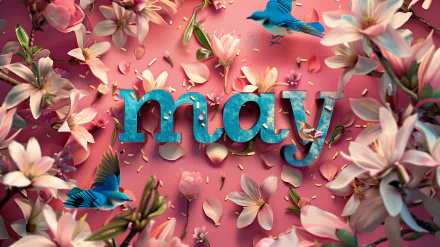 HD desktop wallpaper featuring the word May in blue text surrounded by pink and white blossoms and blue birds on a pink background.