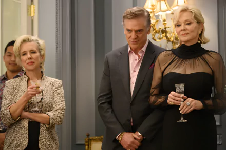 HD desktop wallpaper from the TV show Hacks (2021), featuring three elegantly dressed characters in a luxurious room with ornate décor.