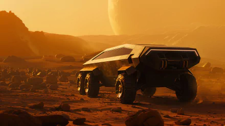 HD wallpaper of a Tesla Cybertruck on a Mars-like terrain with a large planet in the orange sky background.