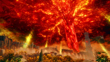 HD desktop wallpaper from the video game Elden Ring, featuring a vivid, fiery red tree dominating a fantastical landscape with rays of light piercing through.