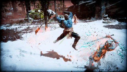 HD PC desktop wallpaper featuring Kratos from God of War in dynamic combat action, showcasing the game's intense, snowy battlefield environment on PlayStation.