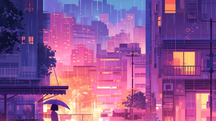 Anime-style HD desktop wallpaper featuring a rain-soaked city at dusk, with vibrant purple and pink hues and a lone figure with an umbrella.