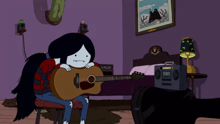 HD desktop wallpaper featuring Marceline from Adventure Time playing guitar in her room, embodying a moody, atmospheric vibe.