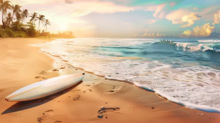 HD wallpaper of a serene beach at sunset with a surfboard on sandy shores, palm trees, and gentle waves, embodying a summer surfing theme.
