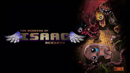 HD desktop wallpaper featuring artwork from The Binding of Isaac: Rebirth, with a depiction of Isaac and monstrous creatures in a dark, eerie setting.