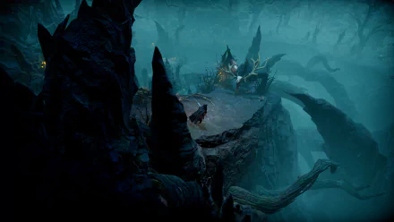 HD desktop wallpaper from V Rising video game featuring a mysterious, foggy landscape with rocky terrain and glowing elements.