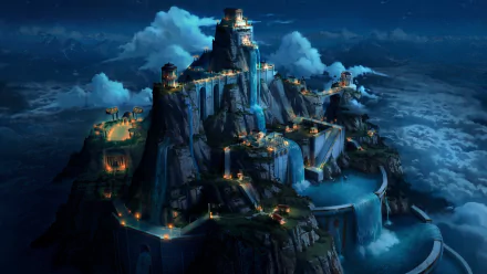 HD desktop wallpaper from Blood of Zeus featuring a night-time scene of a majestic, illuminated mountain fortress surrounded by clouds.