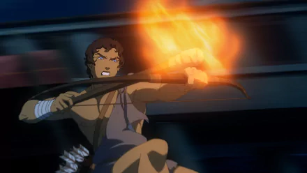 HD anime wallpaper from Blood of Zeus featuring a character shooting a flaming arrow, set against a dynamic, dark background.