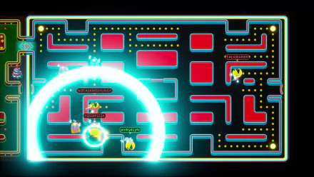 HD desktop wallpaper from PAC-MAN Mega Tunnel Battle: Chomp Champs, featuring a vibrant game map with glowing neon mazes and characters.