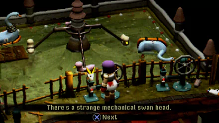 HD desktop wallpaper from the video game Crow Country, featuring a character inspecting a strange mechanical swan head in a whimsical game setting.