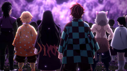 4K Ultra HD Anime wallpaper featuring characters from Demon Slayer: Kimetsu no Yaiba standing together, viewed from behind against a vibrant purple smoky background.